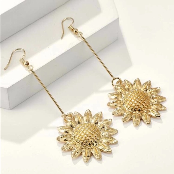Gold Sunflower Drop Earrings - Picture 3 of 5